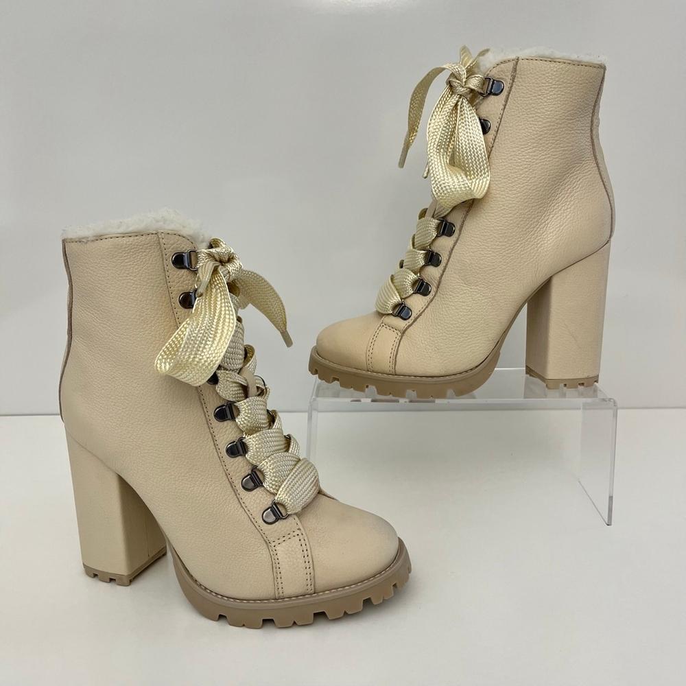 Schutz Zhara Faux Fur Lined Lace-Up Lug Sole Bootie Eggshell Ivory 7 - Picture 3 of 13